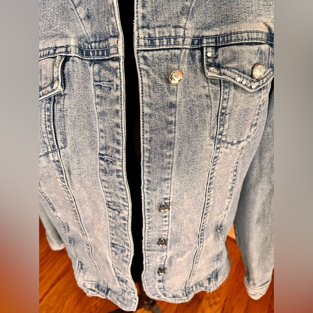 Laura Ashley Blue Sequin Denim Jacket Medium Boho Western Festival Cowgirl - Picture 12 of 17